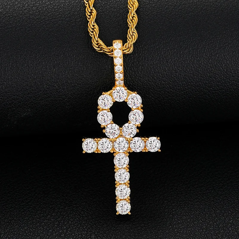 

Hiphop 925 Silver D Color Moissanite Anhe Key Cross Pendant Necklace Men with 3mm Rope Chain 14k Gold Plated Pass Diamond Tester