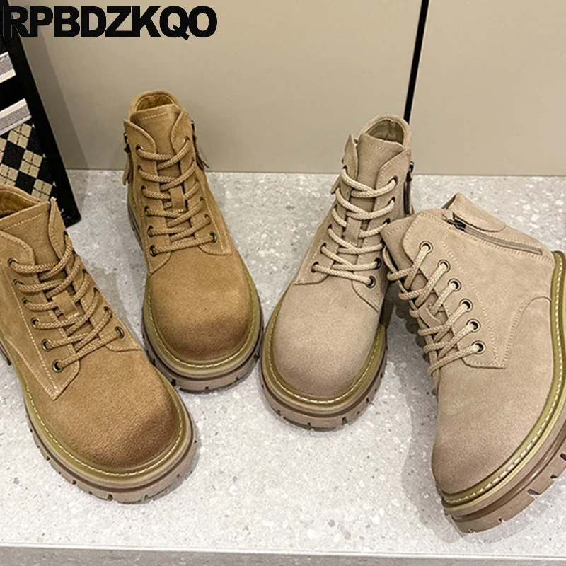 

High Sole Round Toe Suede 33 Zip Up Shoes Military Booties Women Combat Army Tan Small Size Height Increase Lace Boots Brush