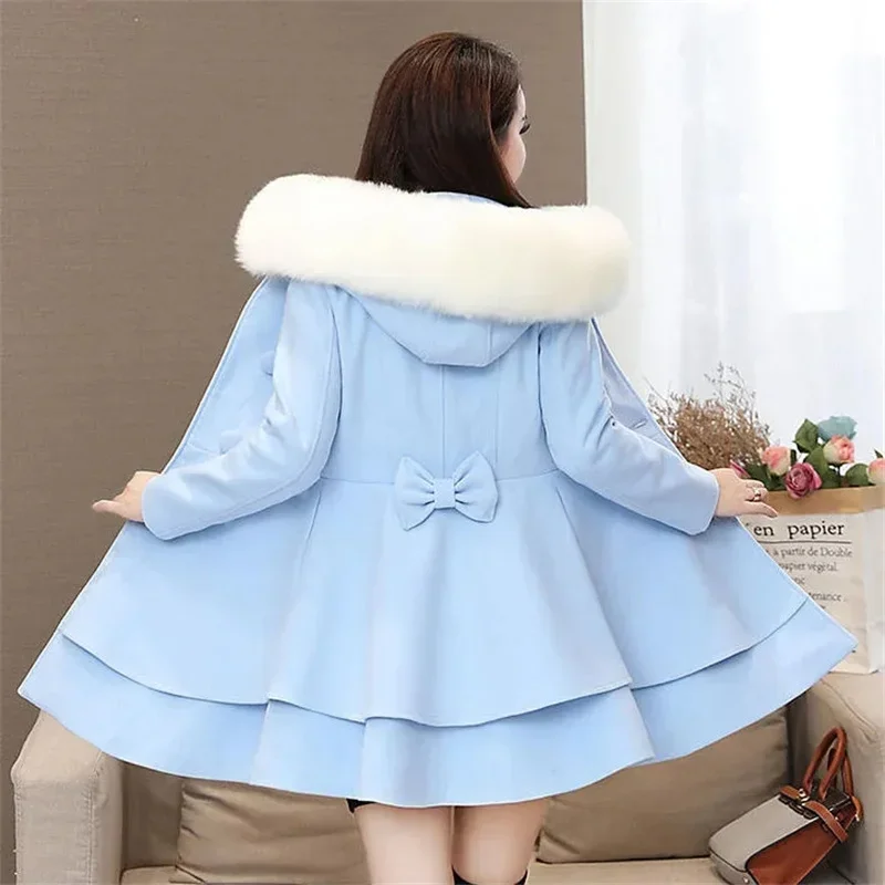 

New Winter Women's Woolen Blend Coat A-Line Double-Breasted Jackets Female Fur Collar Office Lady Wool Outwear