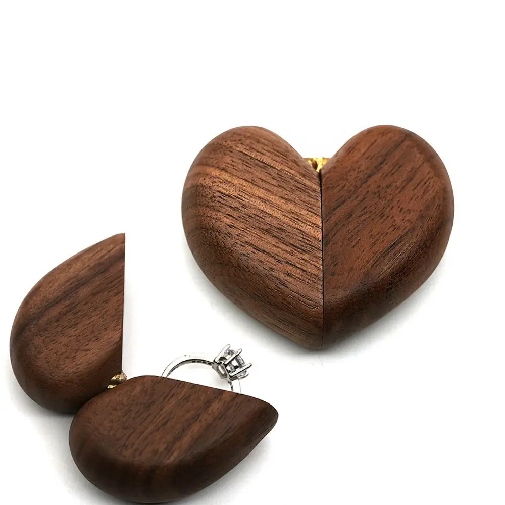 

Heart Shaped Wooden Ring Box Elegant Walnut Wood Durable Proposal Ring Case Single Slot Portable Ring Holder Engagement