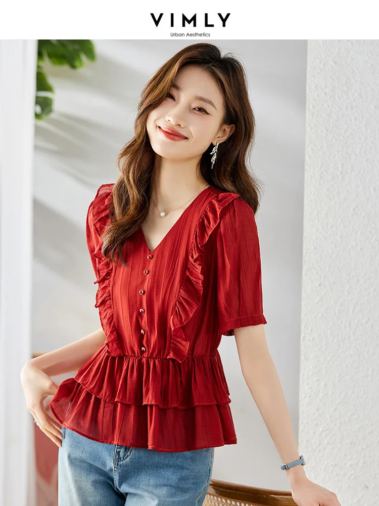 

Vimly Women's Summer Chiffon Ruffle Tiered Peplum Blouses 2023 Short Sleeve Fashion Elegant Womens Red Flowy Tops and Blouses