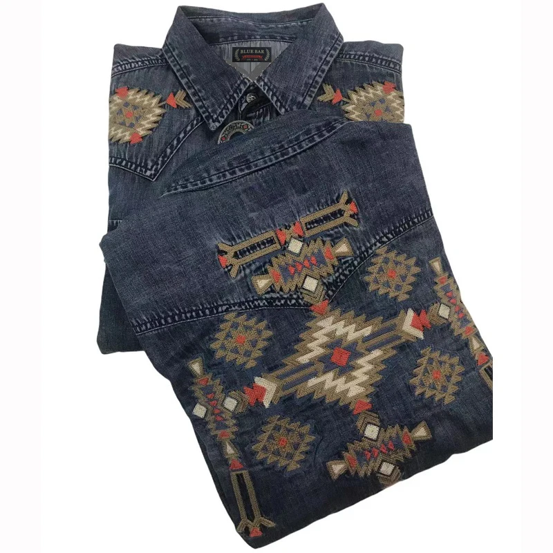 

Men's Cotton/Lyocell/Linen Denim American Western Embroidery Navajo Long Sleeves shirt