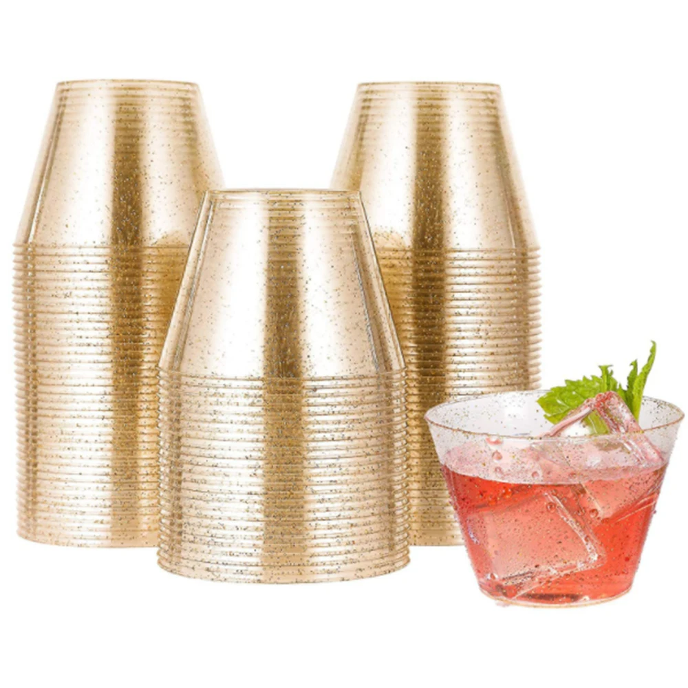 

Disposable Plastic Cups Gold Glitter 9OZ Clear Tumblers Wedding Thanksgiving Christmas Party Supplies 25pcs