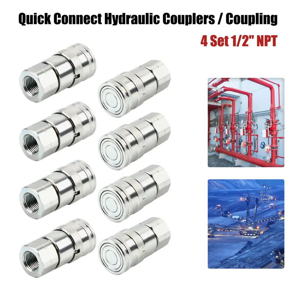 

8x1/2" NPT Skid Steer Bobcat Flat Face Carbon Steel Hydraulic Quick Connect Couplers Thread Home Improvement Fittings Male Head