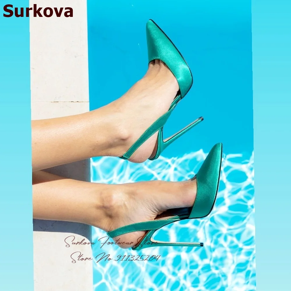 Surkova Turquoise Satin Cloth Slingback Pointed Toe Shoes 12cm 10cm 8cm Stiletto Heel Shallow Dress Pumps Evening Footwear
Surkova Turquoise Satin Cloth Slingback Pointed Toe Shoes 12cm 10cm 8cm Stiletto Heel Shallow Dress Pumps Evening Footwear