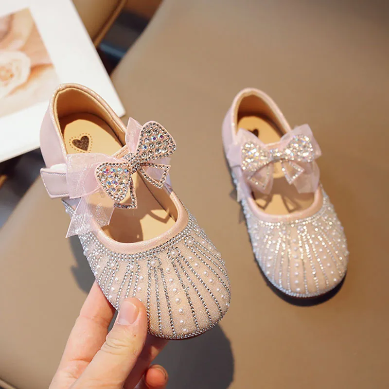 

Girls Performance Shoes Bling Mary Jane Shoes Big Bowtie Princess Shoes Crystal Wedding Shoes Sliver Pink Kids Leather Shoe 291R