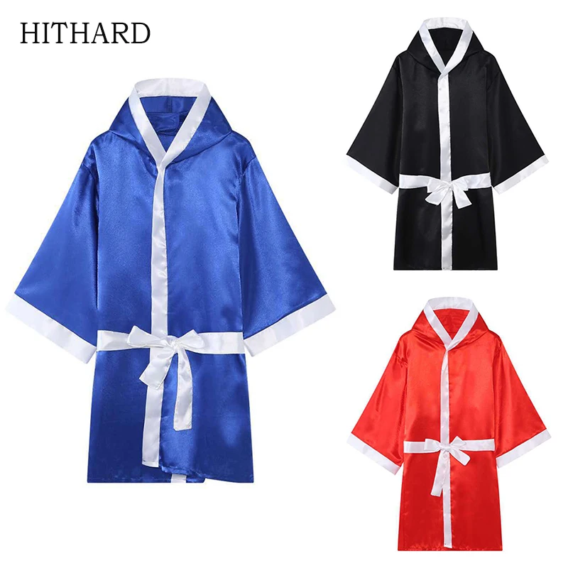

Men's MMA Boxing Robe with Hood Full Sleeve Cloak Satin Walkout Robe Vintage Classic Martial Arts Fighting Muay Thai Belted Cape