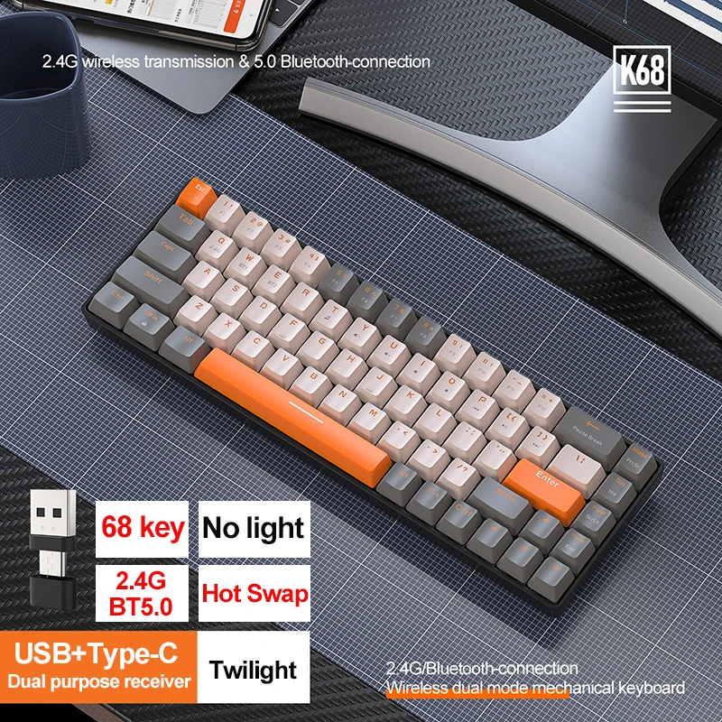

K68 2.4G/BT5.0 Wireless Gaming Mechanical Keyboard 68 Keys Hotswap Mini Gaming Mechanical Keyboard PBT Keycaps 65% Keyboards