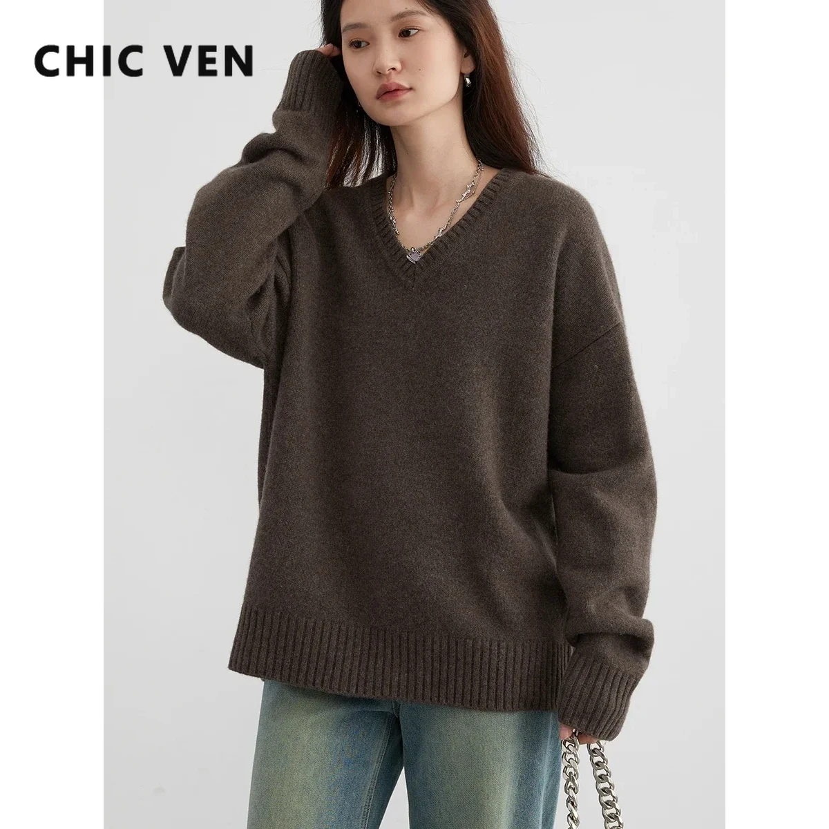 

CHIC VEN Fashion Women Sweaters Loose New V-neck Solid Knitted Woman Jumpers Female Knitwear Pullovers Tops Winter Autumn 2023