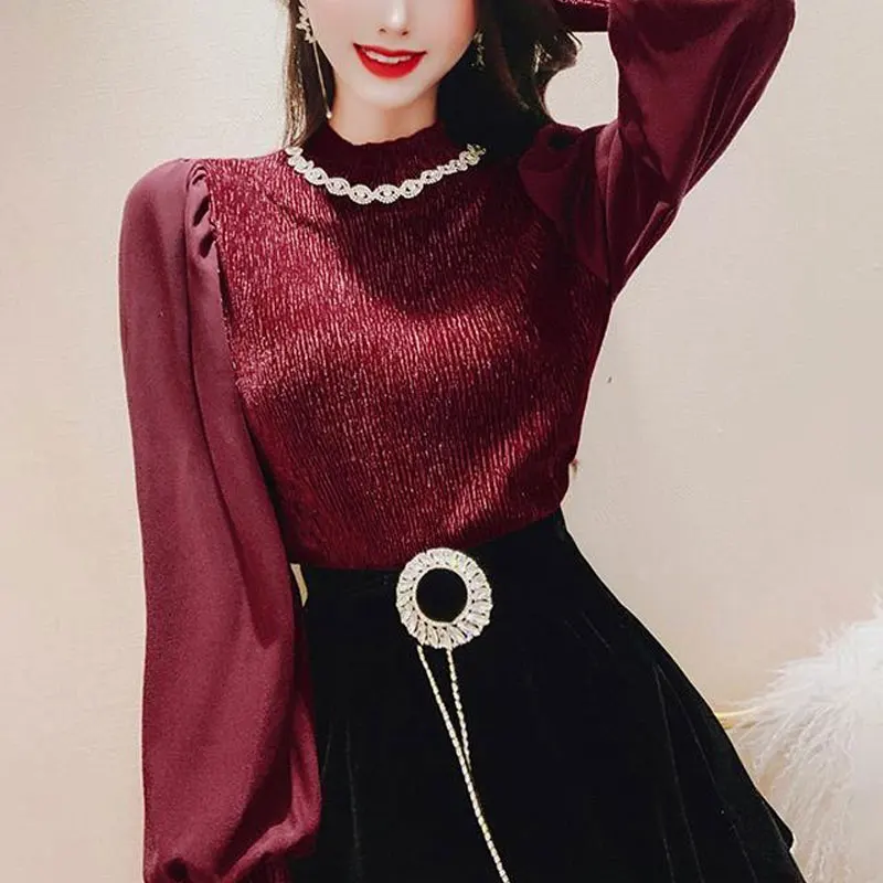 

Casual Vintage Folds Blouse Women's Clothing Fashion Diamonds Chain Spring Autumn Long Sleeve Commute Spliced Stand Collar Shirt