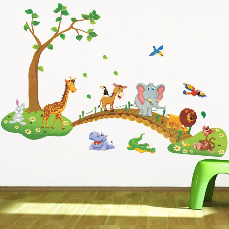 

3D Cartoon Jungle Wild Animal Tree Bridge Lion Giraffe Elephant Birds Flowers Wall Stickers For Kids Room Living Room Home Decor