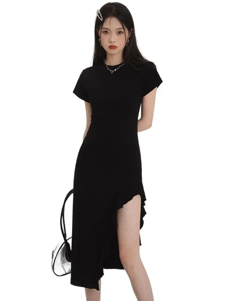 2023 Spring/Summer Korean Fashion Women's Elastic Slim Fit Knitted Sport Dress Sweet casaul black Ruffle Split Dress Vestidos
2023 Spring/Summer Korean Fashion Women's Elastic Slim Fit Knitted Sport Dress Sweet casaul black Ruffle Split Dress Vestidos