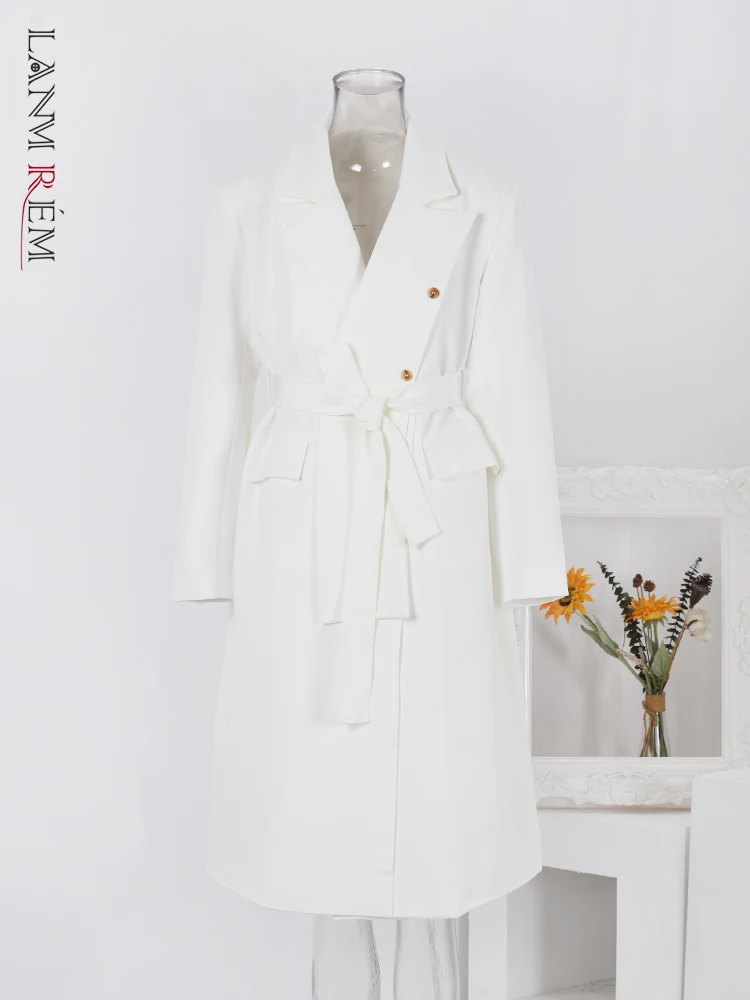 

LANMREM White Office Lady Women's Trench Coat Notched Collar Belt Gathered Waist Windbreaker Fashion 2024 Spring New 32C449