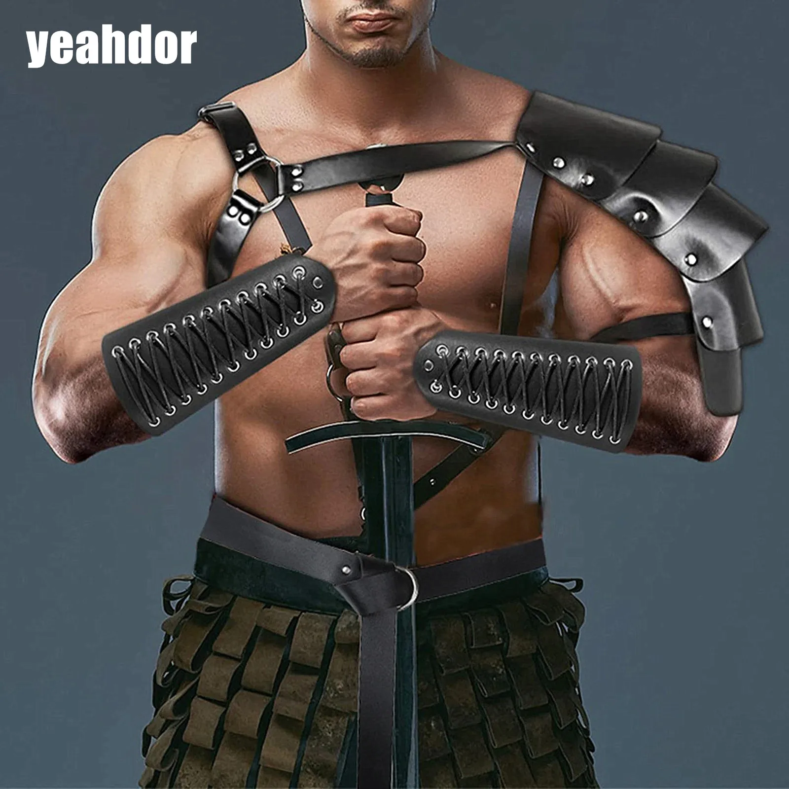 PU Leather Armor Set Medieval Knight Cosplay Chest Harness with Shoulder Guard Lace-up Arm Brace And Waist Belt for Halloween
PU Leather Armor Set Medieval Knight Cosplay Chest Harness with Shoulder Guard Lace-up Arm Brace And Waist Belt for Halloween