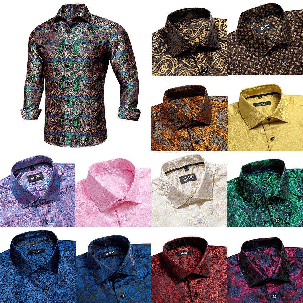 

Hi-Tie Green Teal Pink Mens Shirts Silk Paisley Long Sleeve Turndown Collar Slim Fit Shirt For Male Designer Business Gift Party