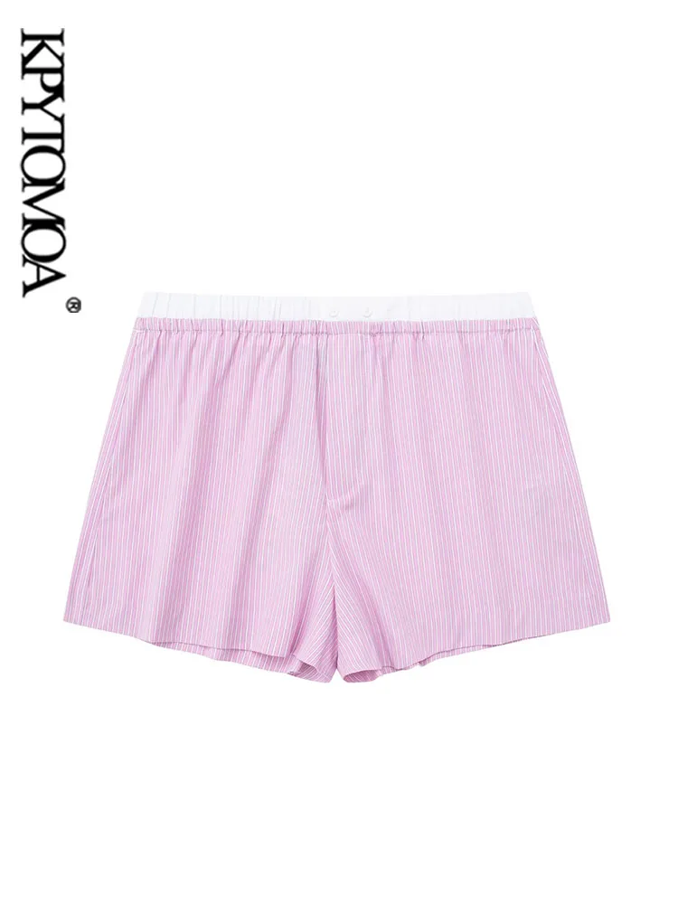 

KPYTOMOA Women Fashion With Contrast Striped Shorts Vintage Mid Elastic Waist With Button Female Short Pants Mujer