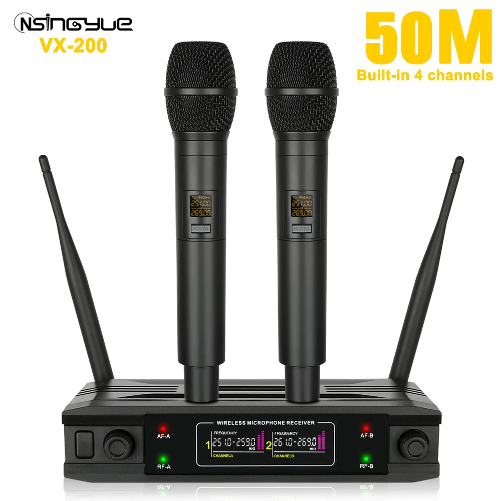 

2 Channel Wireless Microphone VHF Dual Handheld Dynamic Karaoke Mic System 50m for Stage Church Party School PA Speaker Meeting