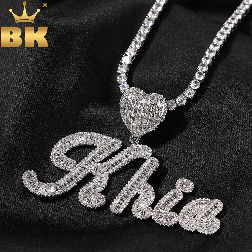 

TBTK Baguettecz Heart Bail Custom Brush Cursive Letter Name Pendant Necklace Iced Out Cubic Zirconia Best Gift Hiphop Jewelry