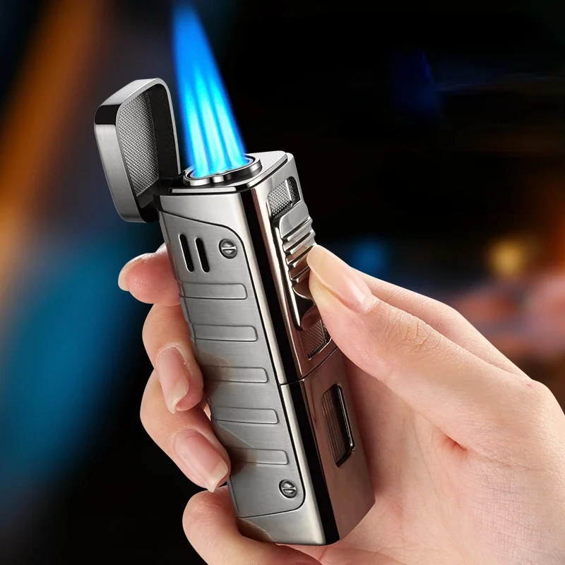 

Metal Windproof Direct Lighter Cigar Blue Flame 3 Jet Torch Gas Butane Cigar Lighters Chamber Smoking Accessories Man Gift