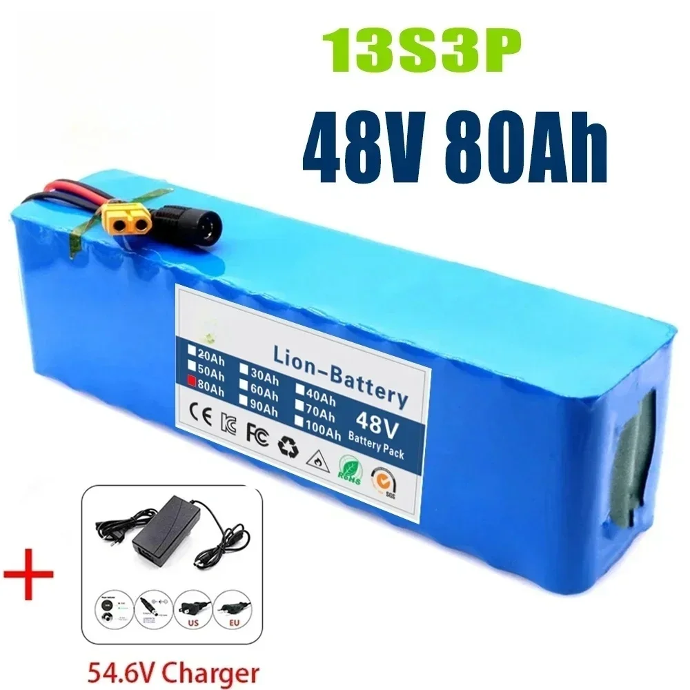 

48V 80Ah 1000w 13S3P XT60 48V Lithium Ion Battery Pack 80000mah For 54.6v E-bike Electric Bicycle Scooter With BMS+charger