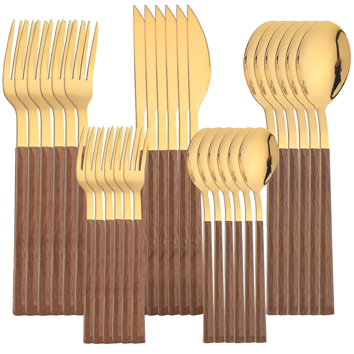 

30Pcs Cutlery Sets Stainless Steel Imitation Wooden Handle Dinnerware Tableware Knife Fork Spoons Silverware Western Flatware