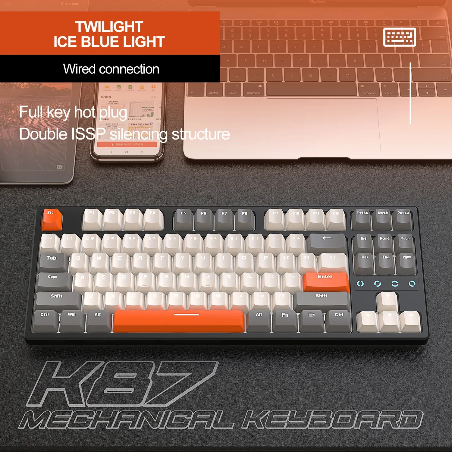 

K87 Hot-Swap Type-C Wired Gaming Mechanical Keyboard 87 Keys White/ice Blue Backlighting Customized Mechanical Keyboards