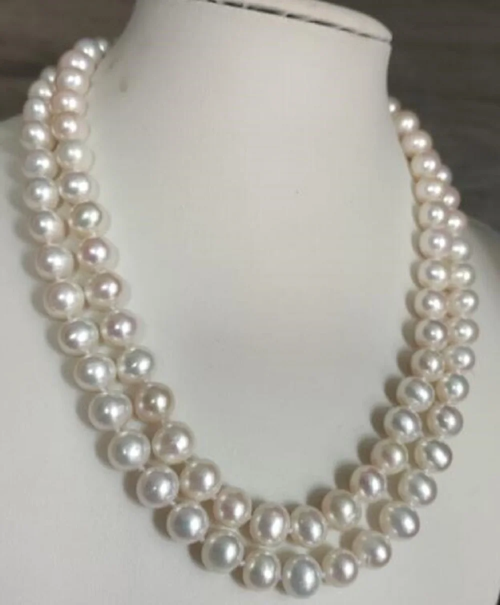 

Noble Elegance Beautiful 9-10mm Pure Natural White Round Pearl Necklace 14K17-18 inches