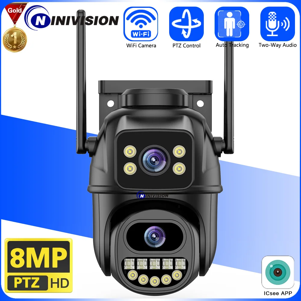 

4K 8MP HD Wifi PTZ Camera Outdoor 4MP Dual Lens Dual Screen AI Auto Tracking IP Camera CCTV Audio Video Surveillance P2P iCSee