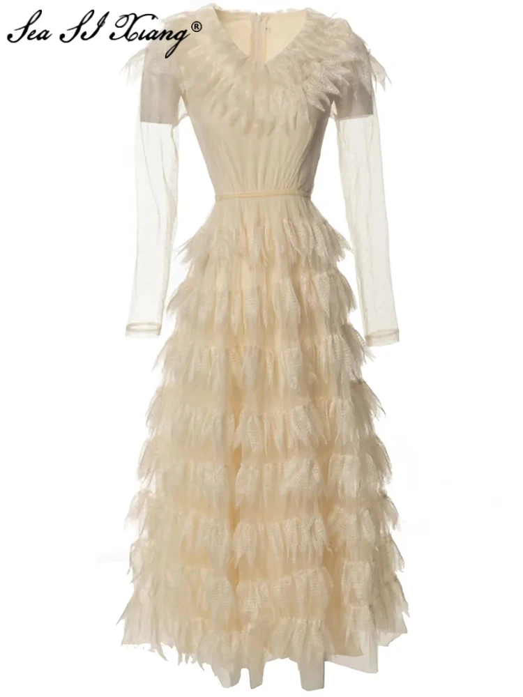 Seasixiang Fashion Designer Summer Mesh Dress Women V-Neck Long Sleeve Embroidery Cascading Ruffle Vintage Party Dresses
Seasixiang Fashion Designer Summer Mesh Dress Women V-Neck Long Sleeve Embroidery Cascading Ruffle Vintage Party Dresses
