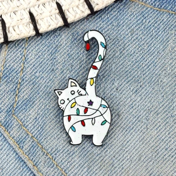 Beautiful White Tabby Cat Cartoon Brooch Cute Kitty Surrounded in Colored Lights Waving Long Tail Enamel Pin Shirt Badge Jewelry