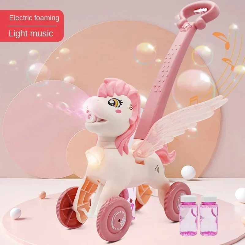

Pony Electric Bubble Machine Children's Hand Push Cartoon Unicorn Bubble Car Music Lighting Children's Toys Soap Water Birthday