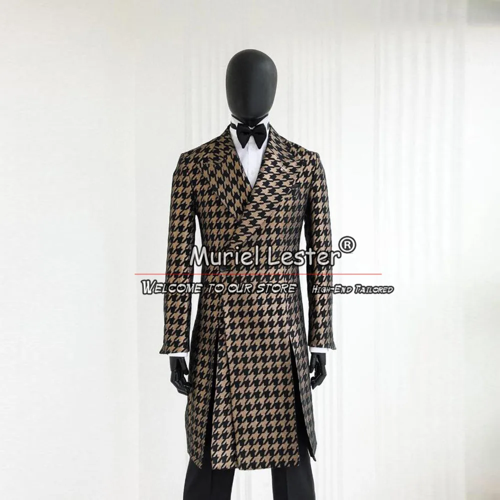 

Plaid Check Men's Suit Jackets Custom Made Double Breasted Tweed Woolen Blend Trench Coat Long Notch Lapel Business Blazers Sets