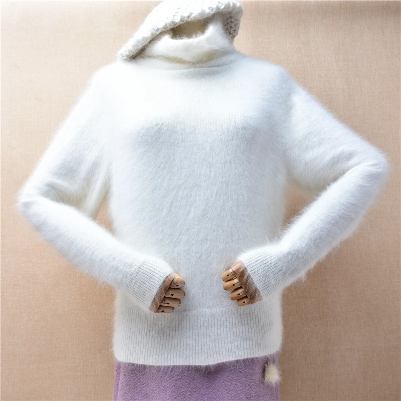 

Ladies Women Fall Winter Clothing White Hairy Soft Angora Rabbit Hair Knitted Turtleneck Slim Blouses Pullover Jumper Sweater