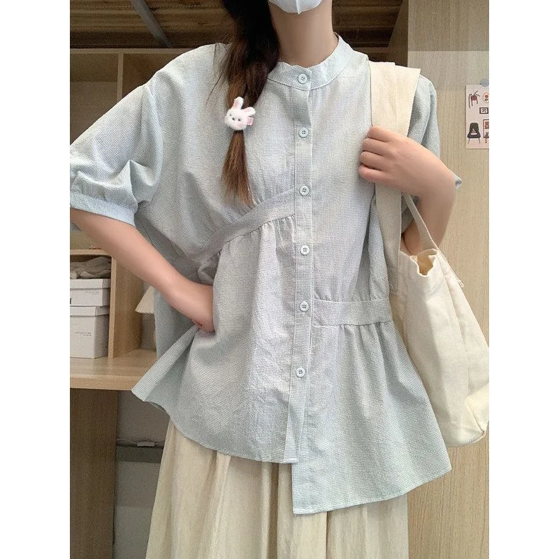 Japanese Style Lazy Plaid Shirt Women's Summer Irregular Short Sleeve Shirt Puff Sleeve Fresh Slimming round Neck Top
Japanese Style Lazy Plaid Shirt Women's Summer Irregular Short Sleeve Shirt Puff Sleeve Fresh Slimming round Neck Top