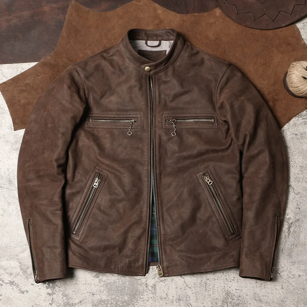 

Кожаная куртка в американском стиле ретро, Мужская мотоциклетная кожаная куртка цвета хаки из натуральной кожи с воротником-стойкой, верхняя напольная куртка с масляным покрытием