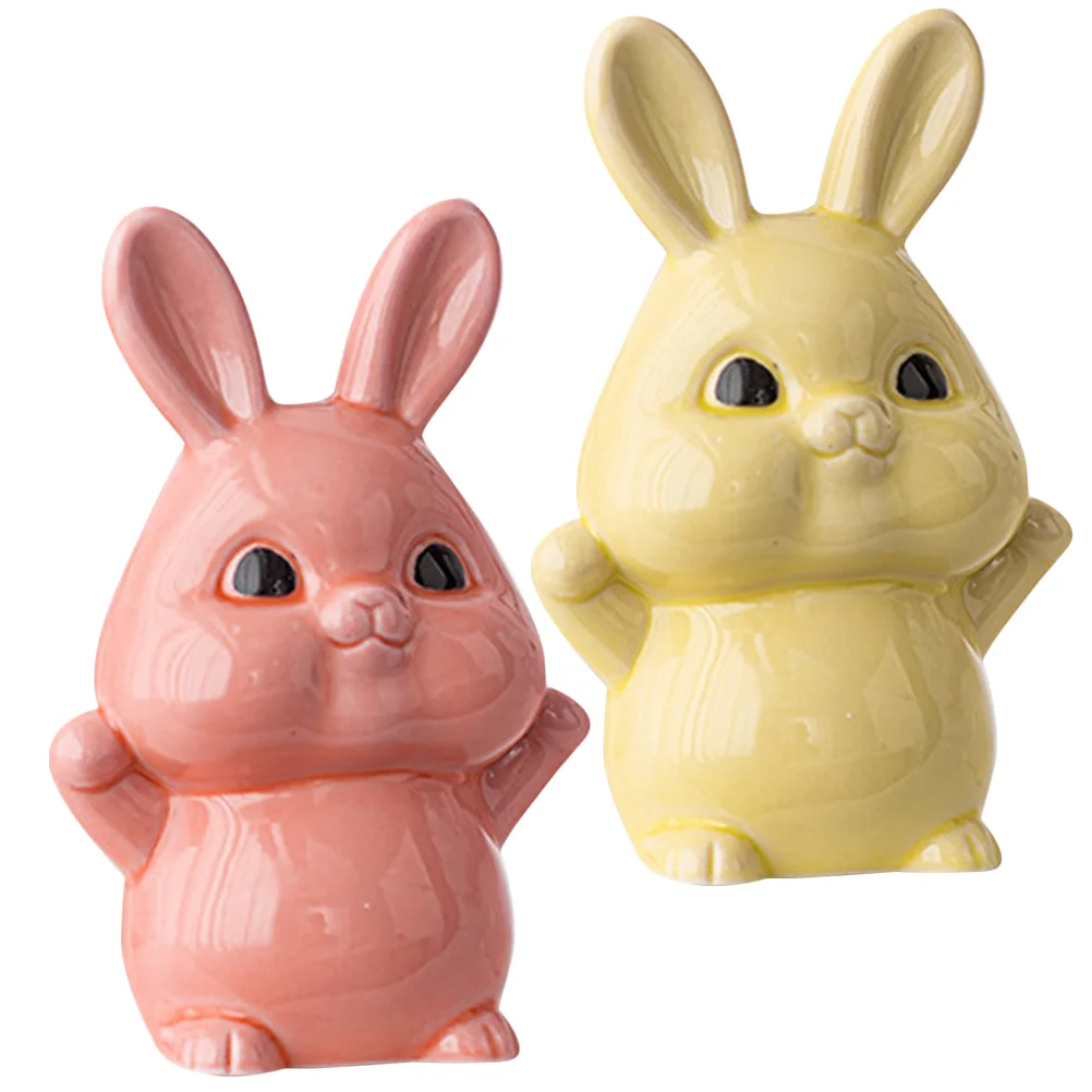 

2 Pcs Ceramics Rabbit Ornament Table Decor Tiny Bunny Statues Decorations Zodiac Figurine Shaped Figurines