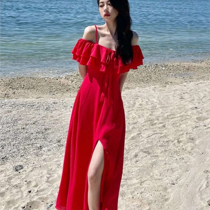 

Seaside Holiday Dress Sense Red Bardot Beach with Suspenders