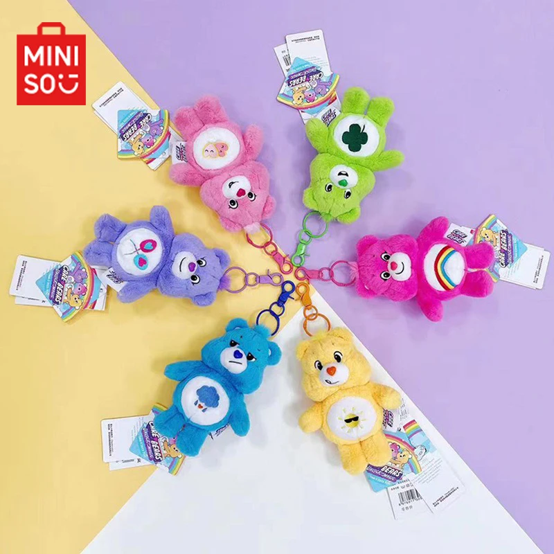 

New Miniso Kawaii Care Bears Key Chain Cartoon Cute Anime Pendant Genuine Rainbow Bear Plush Toy Children's Girl Birthday Gift