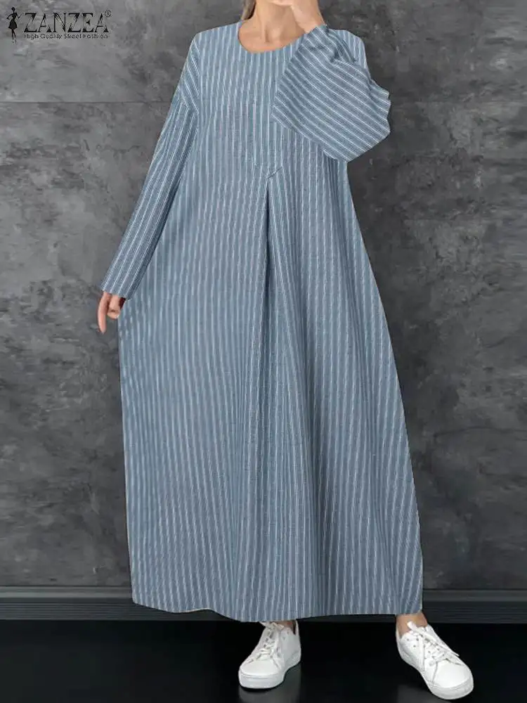 

ZANZEA Round Neck Stripes Print Dresses Maxi Dress Women 2024 Spring Drop Shoulder Long Robe Fashion Casual Loose Swing Vestido