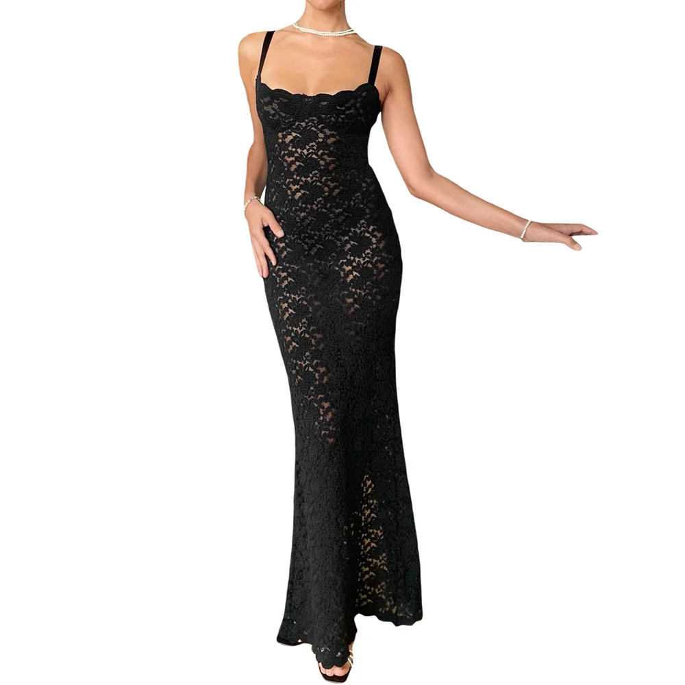 

Women's Lace Summer Solid Color Cocktail Party Dress Sexy Sleeveless Slim Fit Black Dress Zip Back Cami Split Long Dress