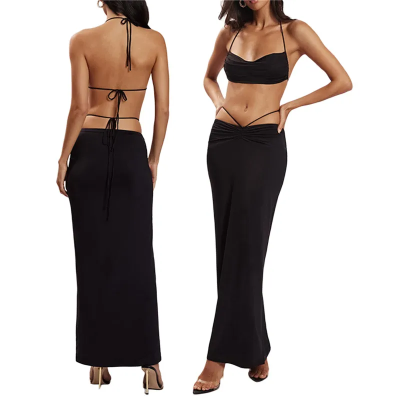 

Women Summer Sexy Dress Sets Outfits Halterneck Sleeveless Backless Crop Tops with Casual Bandage Skinny Long Skirt Party Suits