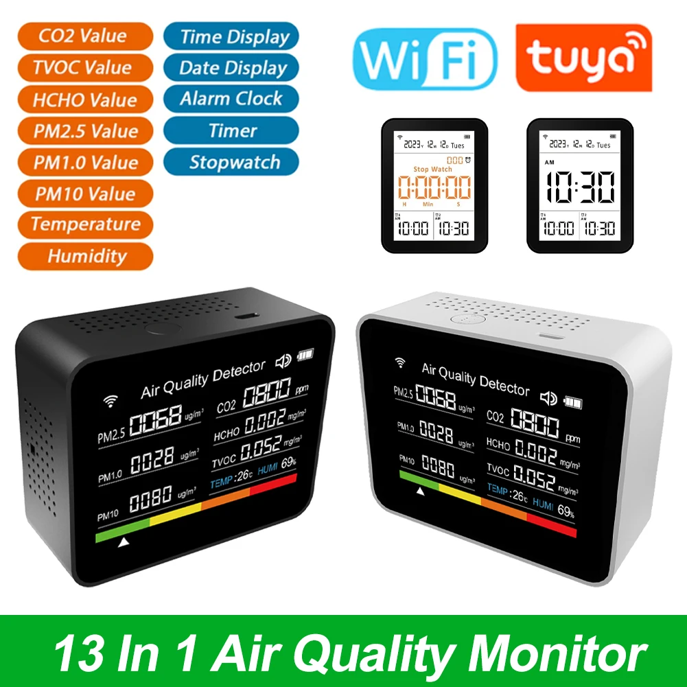 Tuya Indoor Air Quality Tester 13in1 with WiFi Air Quality Monitor for CO2 TVOC HCHO PM2.5 PM1.0 PM10 Temperature Humidity More
Tuya Indoor Air Quality Tester 13in1 with WiFi Air Quality Monitor for CO2 TVOC HCHO PM2.5 PM1.0 PM10 Temperature Humidity More