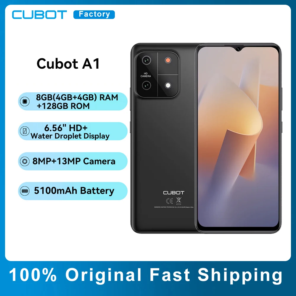 

Cubot A1 Smartphone 6.56" HD+Screen 8GB(4GB+4GB)RAM 128GB ROM Octa core Android 13 5100mAh Battery Face ID 13MP Camera Cellphone