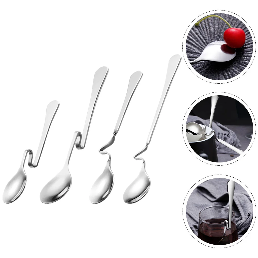 

4 Pcs Stainless Steel Tableware Hanging Cup Coffee Spoon Mixing Household Dessert Scoop Spoons Curved Handle Eating Stirring