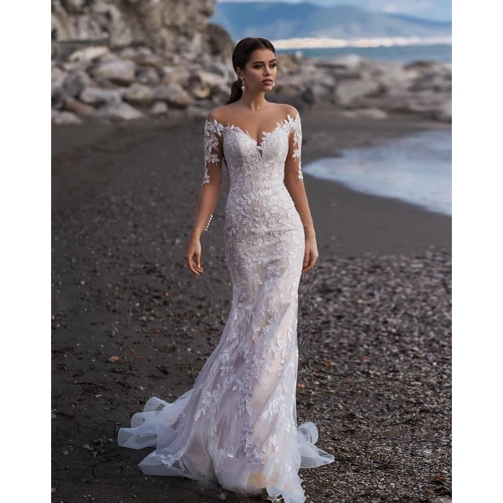 

Elegant Lace Appliques Wedding Dress White Fashion Sweetheart Long Sleeves Floor Length Bridal Court Train Mermaid Bride Dress