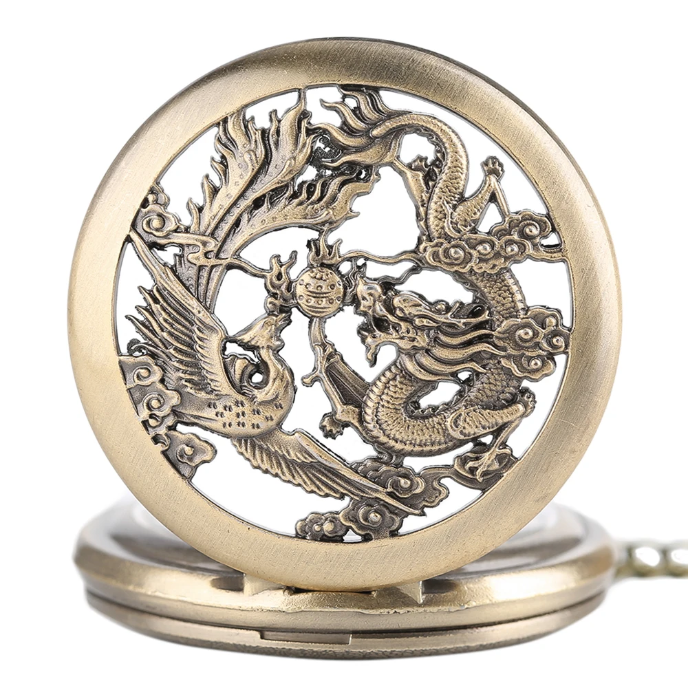 

Bronze Hollow Dragon Phoenix Quartz Analog Pocket Watch with Necklace Chain Vintage Gift Timepiece Men Women