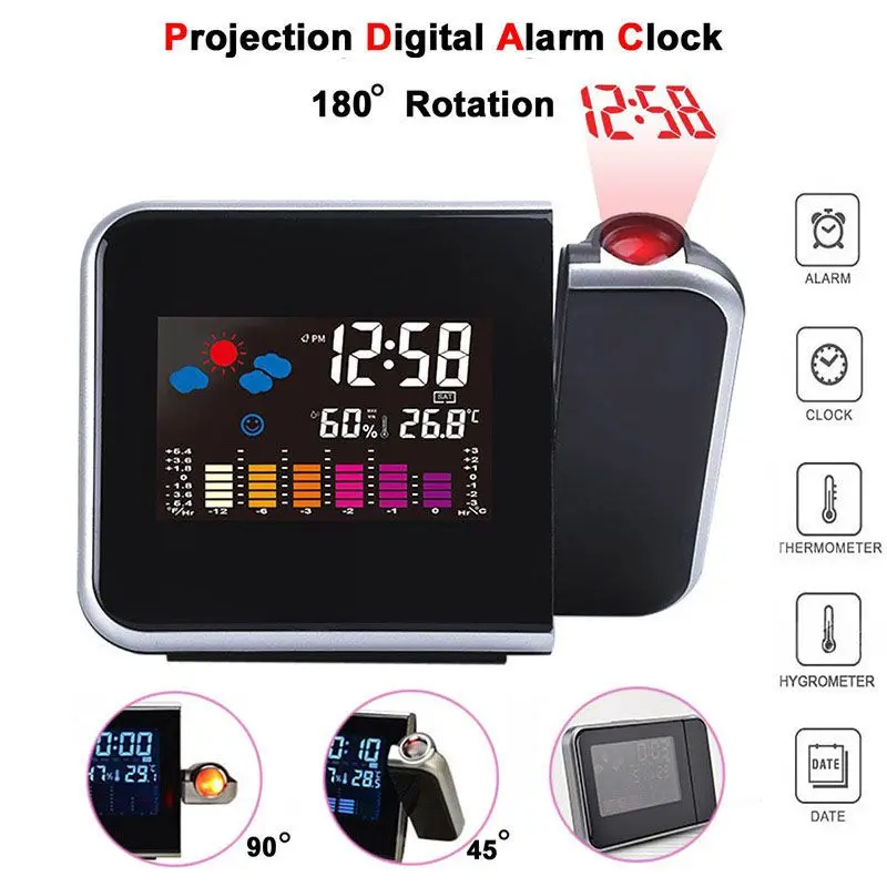 

LED Clock Digital Projection Alarm Clock Temperature Thermometer Desk Time Date Display Projector Calendar USB Charger Table