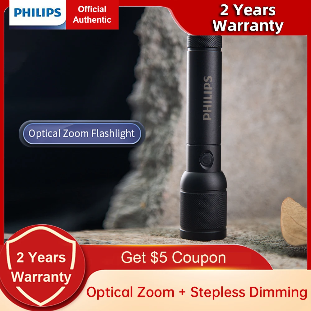 

Philips Optical Zoom Flashlight Portable Flashlights with 4 Lighting Modes USB-C Rechargeable Camping Lights for Self Defense