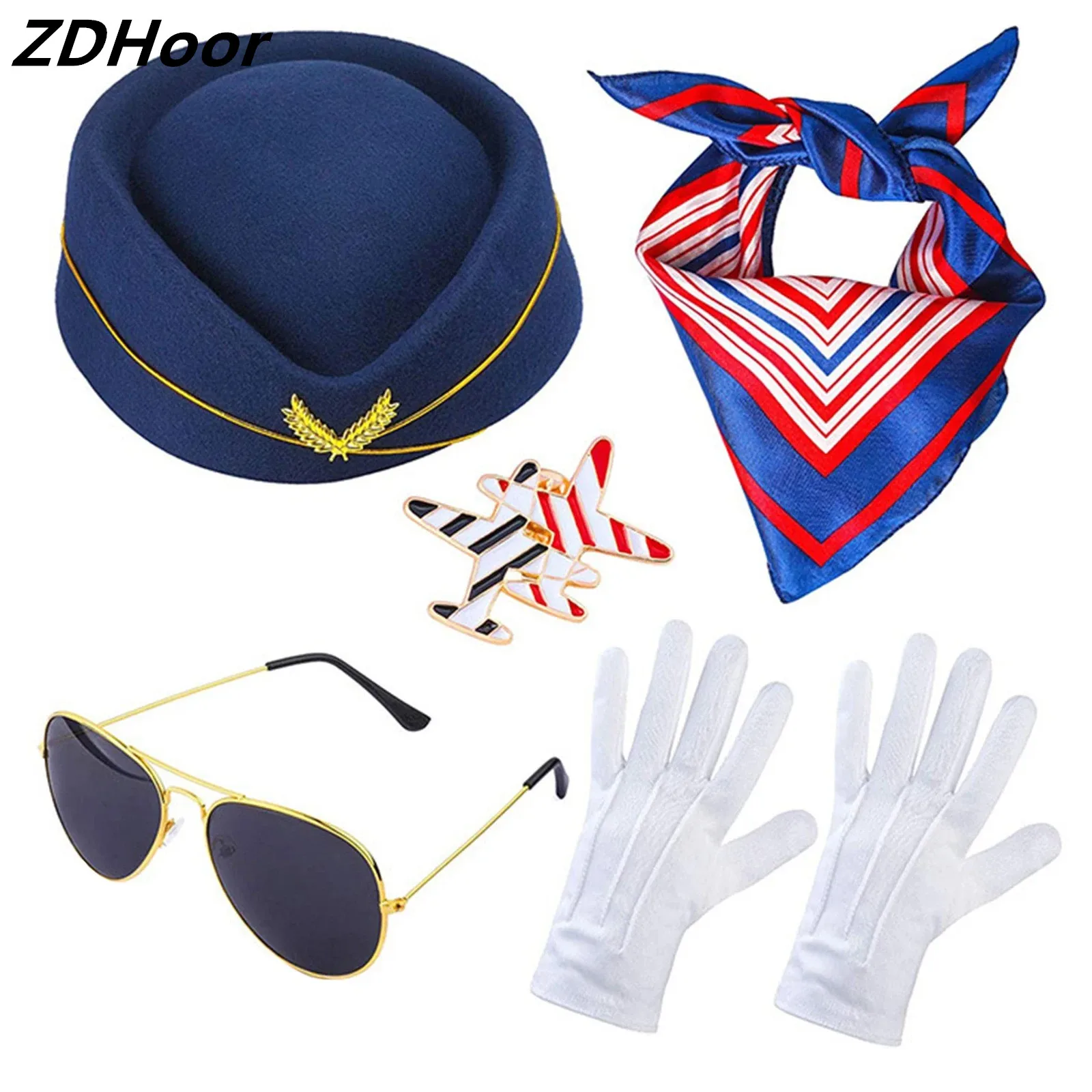 

Stewardess Role Play Costume Accessories Flight Attendant Hat Striped Scarves Sunglass Gloves Airplane Brooch for Halloween