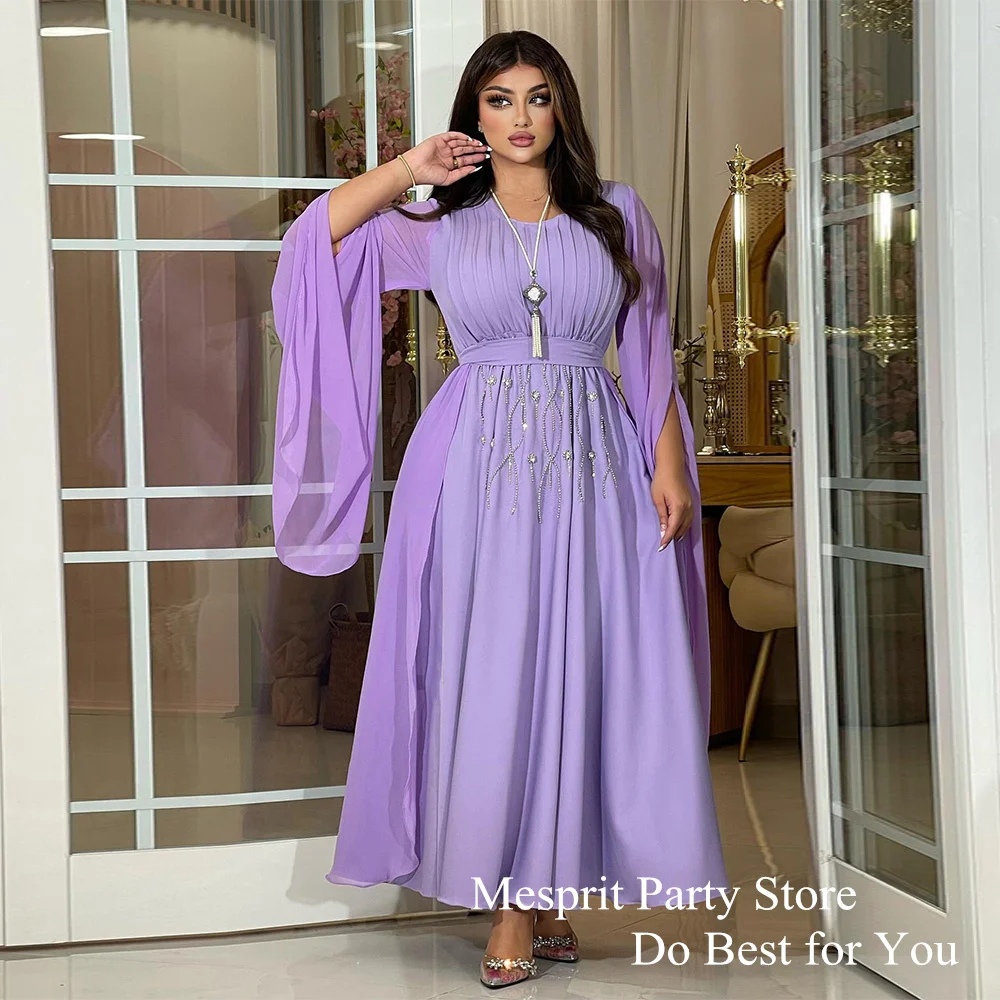 

Lilac Prom Dress New Arrival Round Neck Long Sleeve Pleat Chiffon A Line Beads Saudi Arabic Evening Gown Formal Party Dresses
